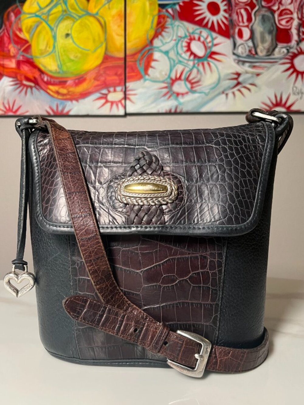 Vintage Brighton Croc Embossed Leather Crossbody Flap Brown/Black